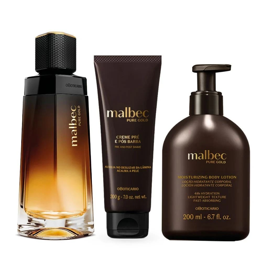 Kit Malbec Pure Gold Uomo – Profumo, Crema Corpo e Pre & Pós Barba