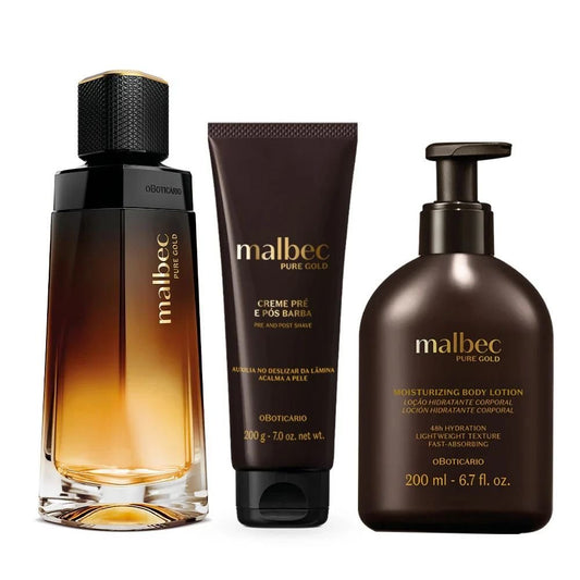 Kit Malbec Pure Gold Uomo – Profumo, Crema Corpo e Pre & Pós Barba