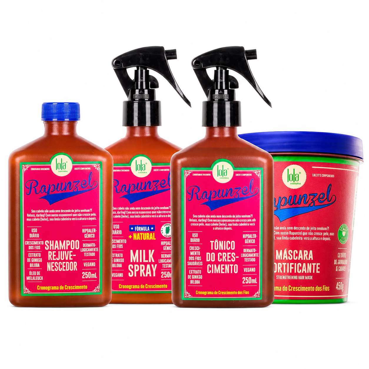 Kit Lola Rapunzel Crescita Capelli – Shampoo, Milk Spray, Tonico e Maschera Fortificante