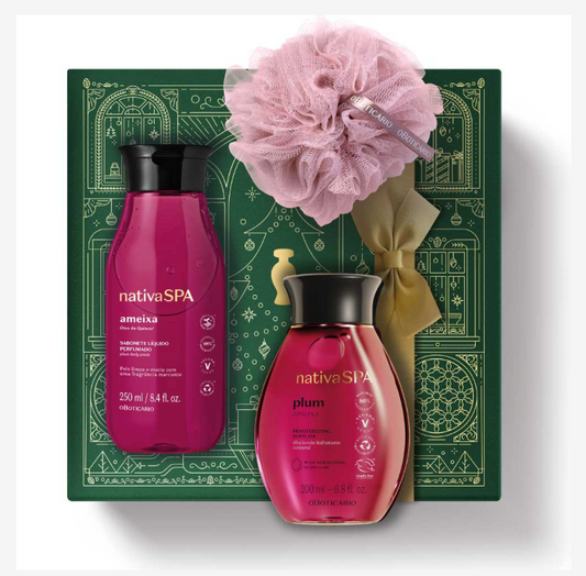 Kit Regalo O Boticário Ameixa - Nativa Spa Olio Corpo 200ml + Bagno Schiuma 250ml+ Spugna