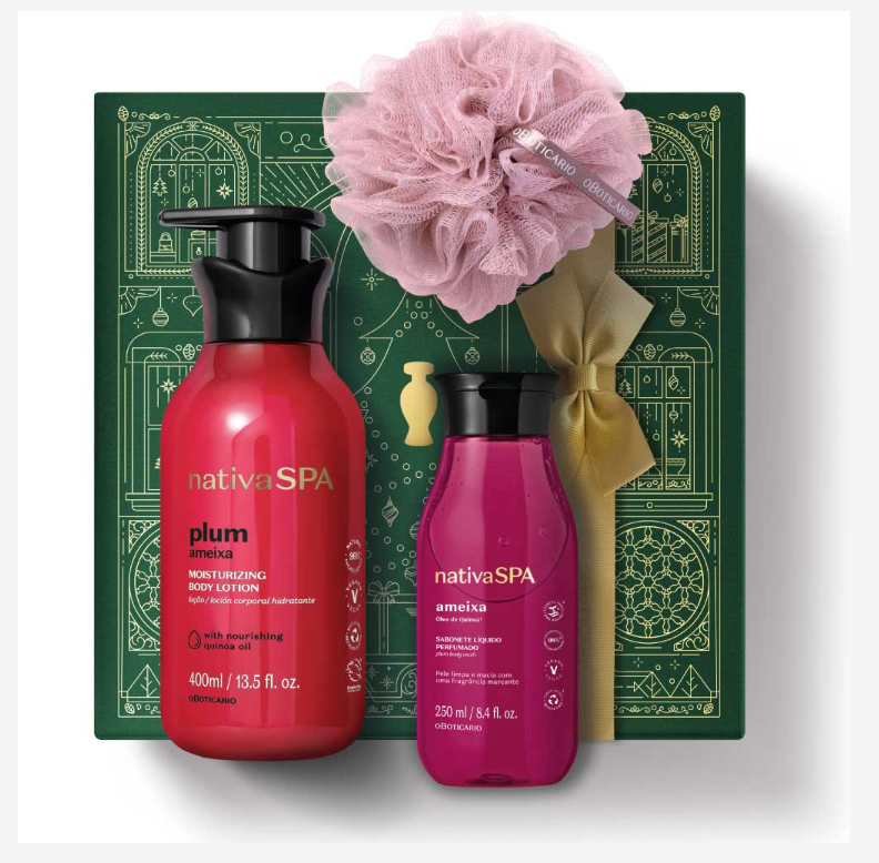 Kit Regalo  O Boticário Nativa SPA Ameixa – Crema Corpo 400ml + Bagnodoccia 250ml + Spugna
